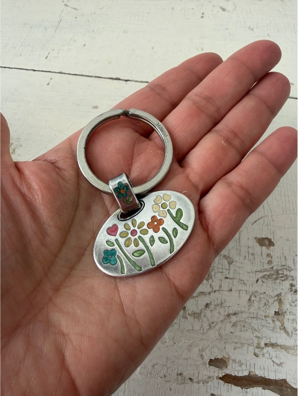Brighton Vintage Silver Tone Floral Enamel Keychain with Colorful Flowers
